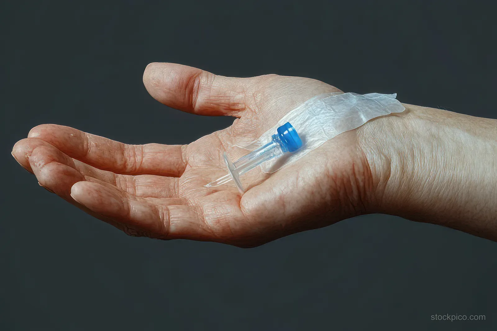 An open hand holds a small medical vial, secured on skin with translucent tape against a dark background.