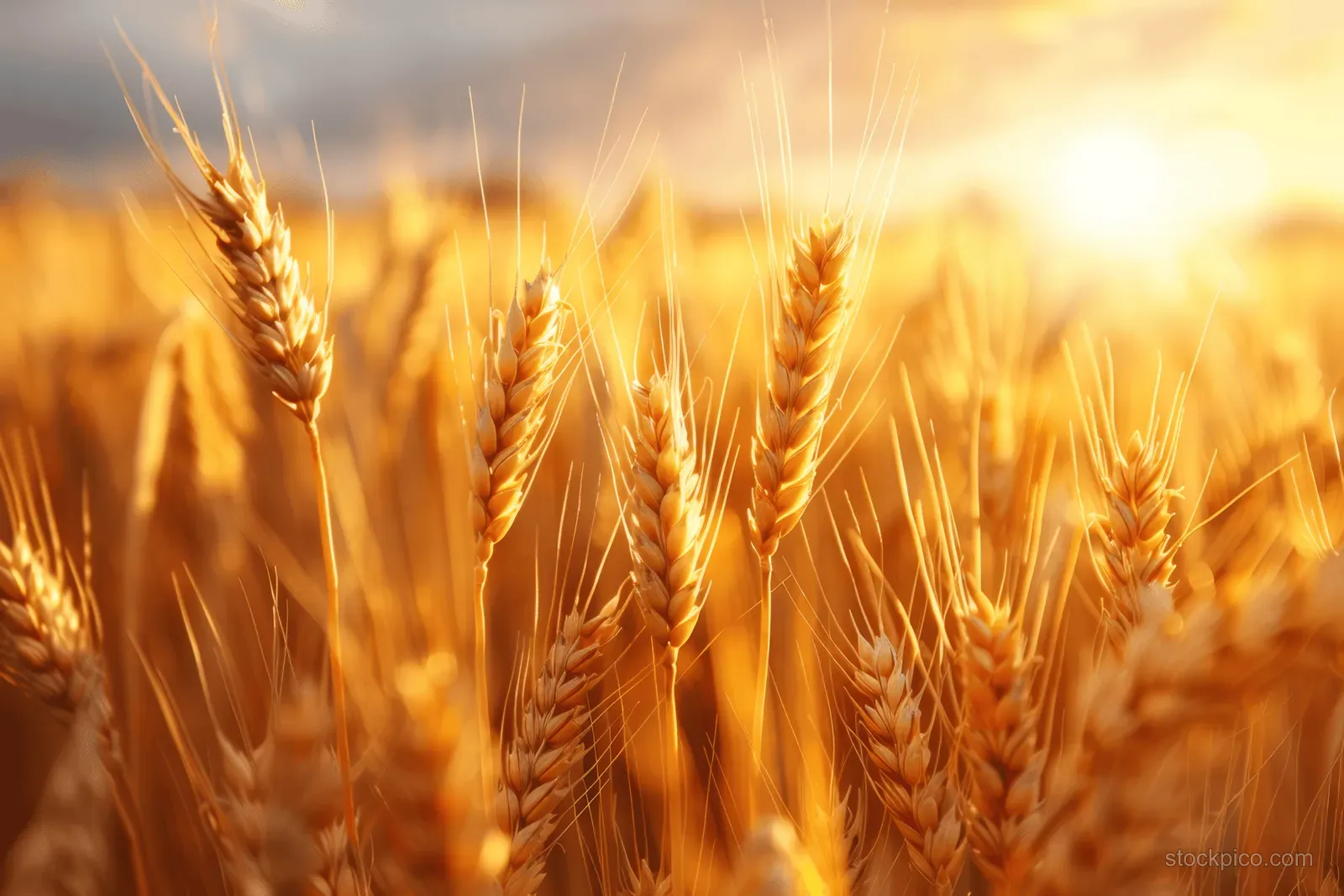 Golden wheat heads sway in a sunlit summer field, with blue sky glow in the background.