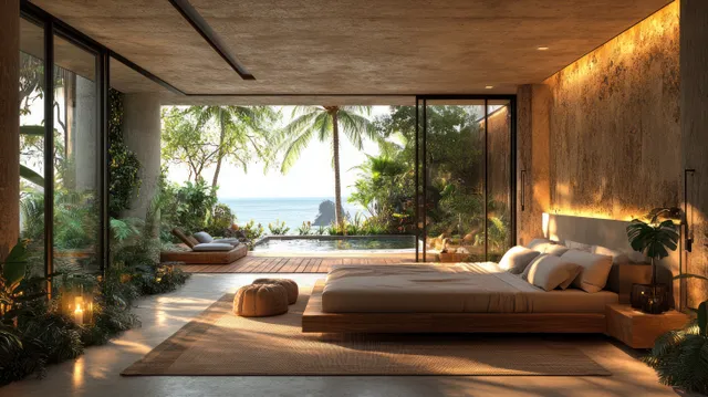 Tropical ocean-view villa lounge with open sliding doors, palm shadows, warm evening lighting
