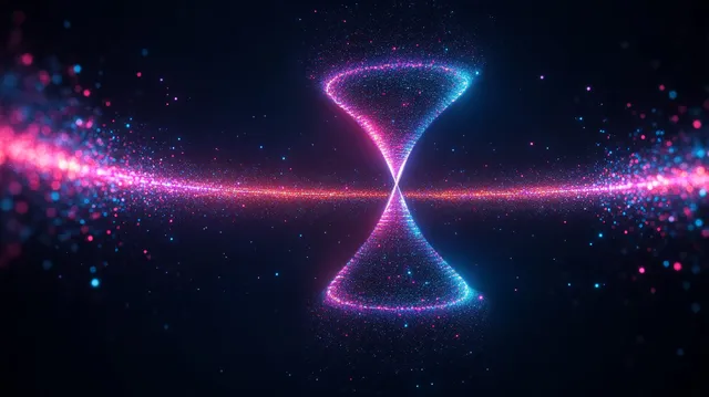 Glowing hourglass of neon particles forming in a dark cosmic space background