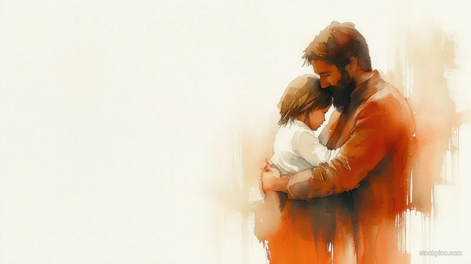 Watercolor painting of Jesus embracing a child in warm, misty light with visible brush strokes.