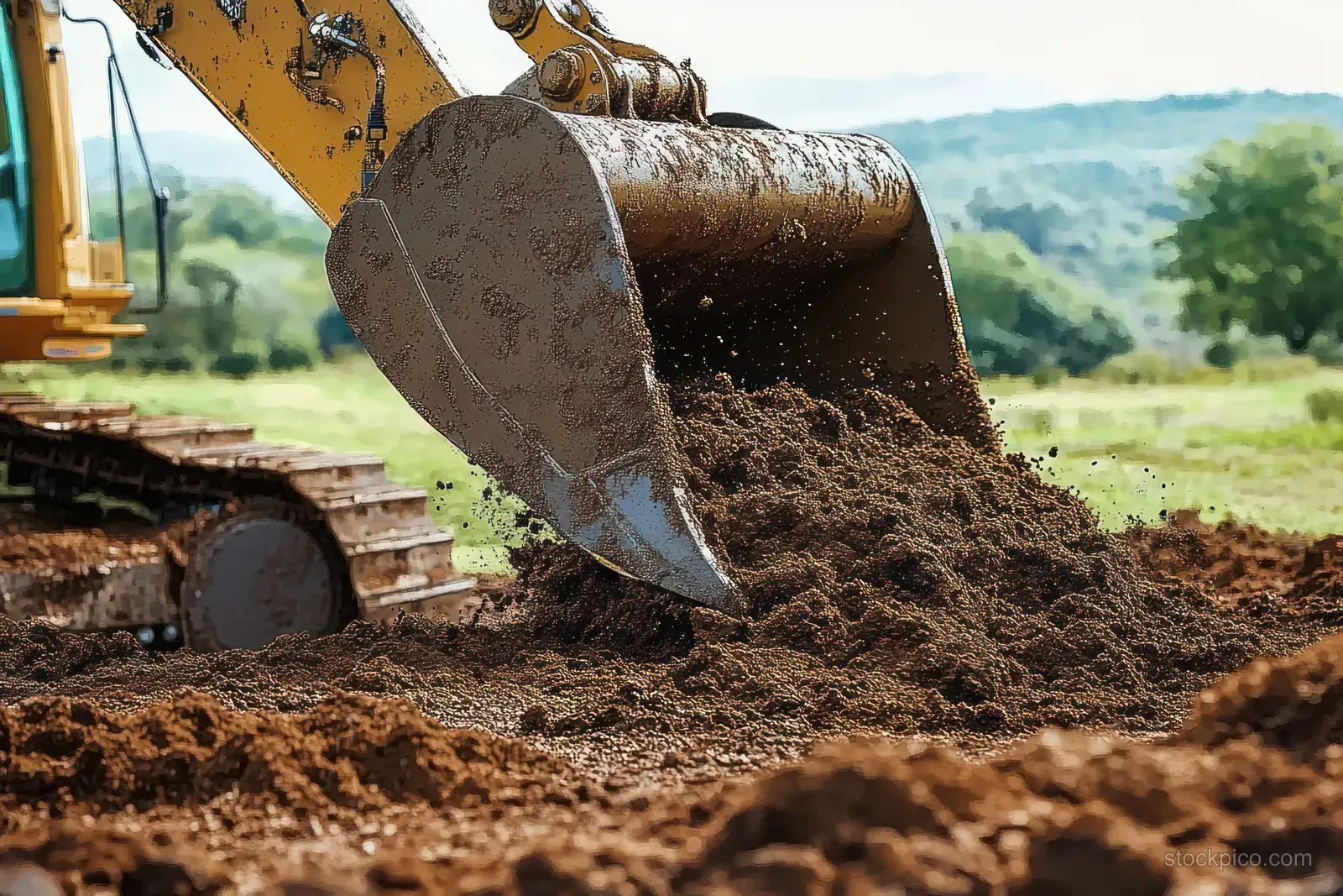 Excavator bucket lifts loose brown soil on a construction site with green trees and hills in the background.