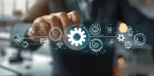 Businessman hand interacting with glowing workplace safety and compliance icons on a transparent screen.