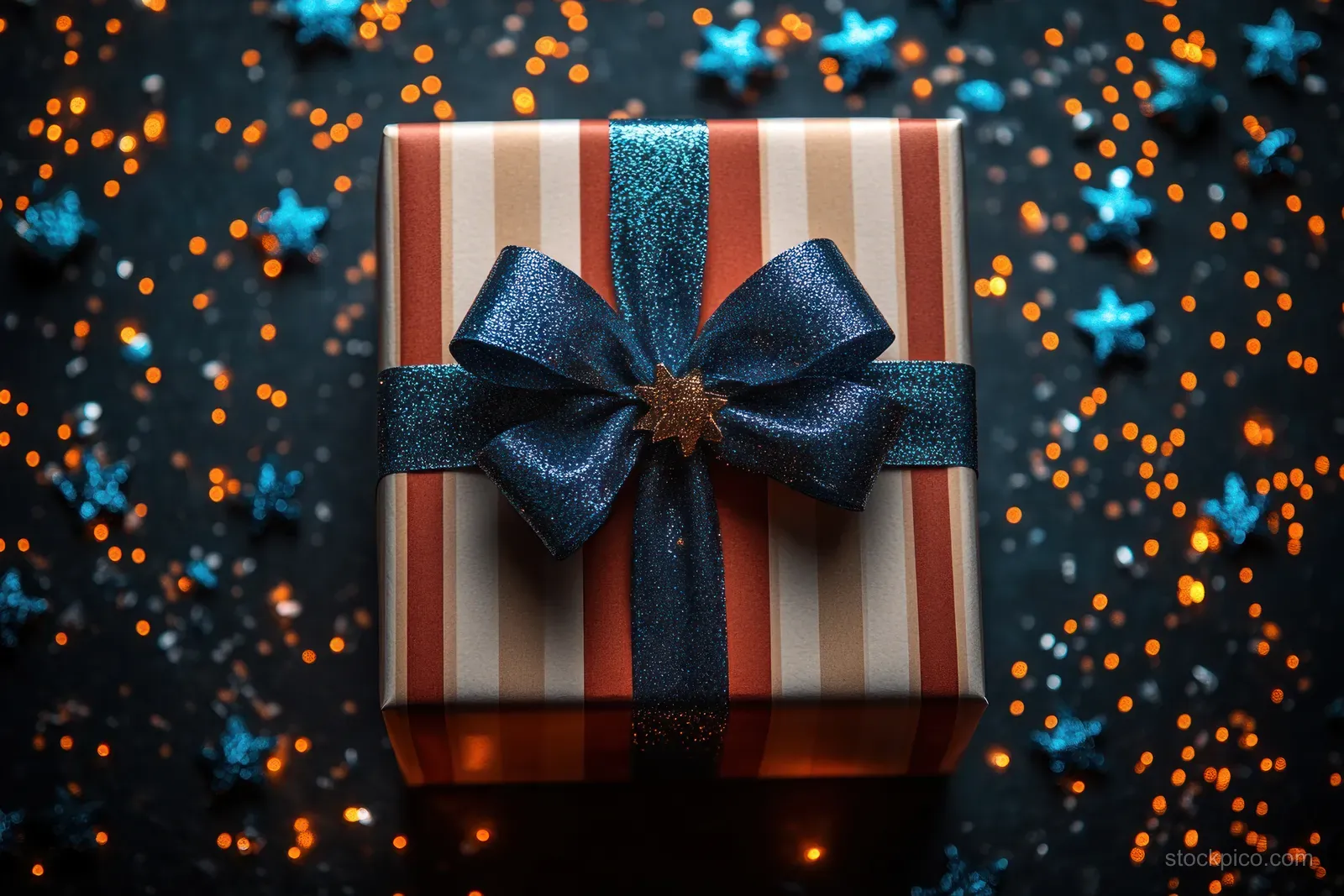 Red-and-white striped gift box tied with a blue ribbon centered on a red background with colorful confetti bokeh.