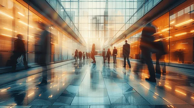 Long exposure business lobby scene with blurred professionals walking past glass walls