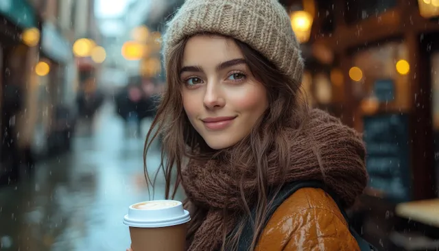 A woman in a knit hat and coat holds a coffee cup at a city sidewalk café with blurred bokeh lights.