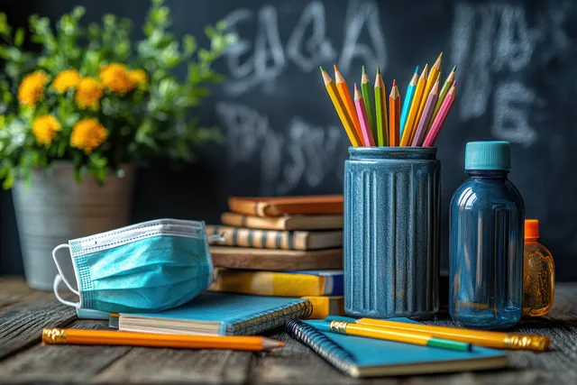 Face mask and sanitizer bottles beside colorful pencils on a wooden desk in front of a chalkboard.