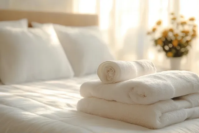 Folded white towels stacked on sunlit bed near pillows and sheer curtains