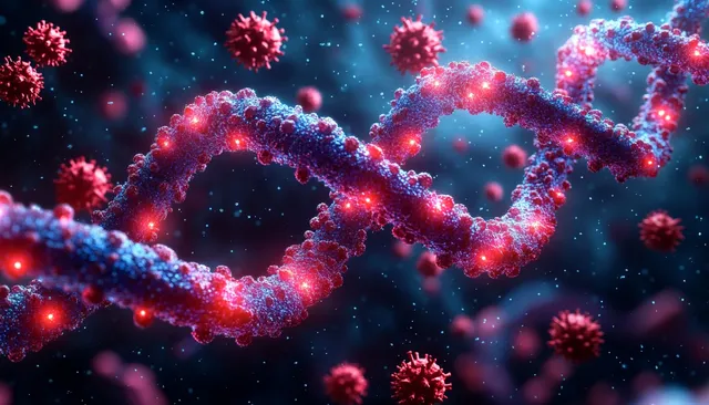 Glowing DNA double helix surrounded by red virus particles in a dark blue microscopic space