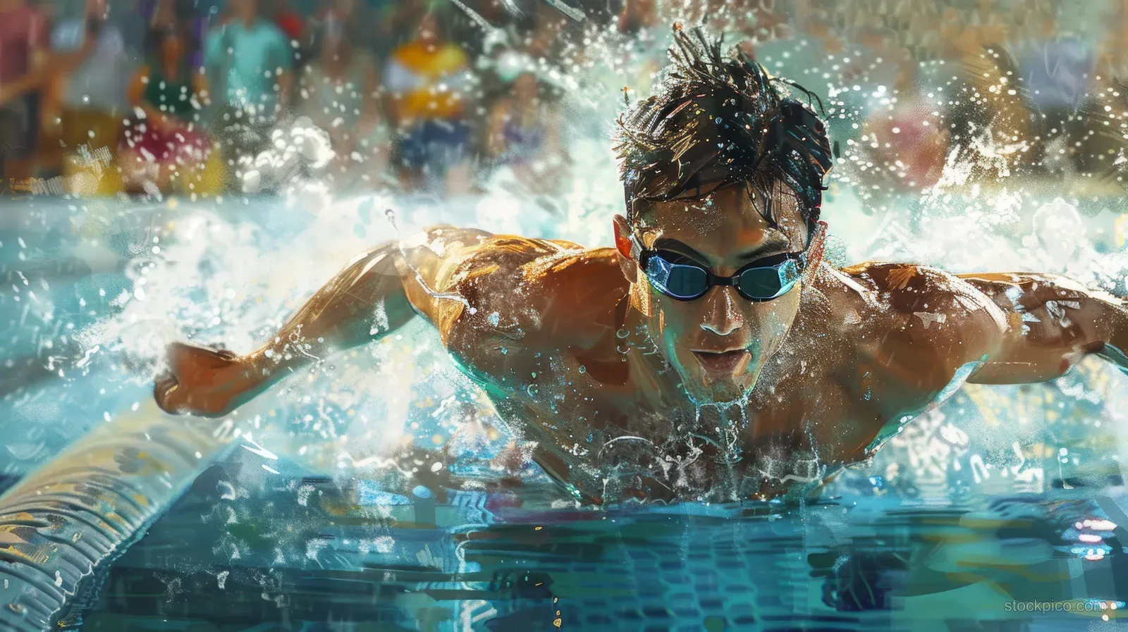 Chinese male swimmer underwater-to-surface in a pool, creating large splashes during a 400m medley race.