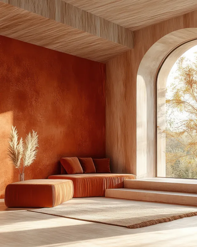 Curved terracotta sofa in a sunlit living room, facing an arched window with autumn trees and warm textured walls.
