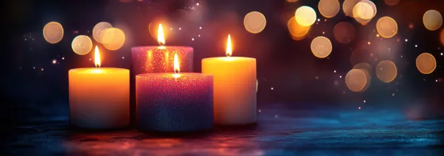 Advent candles with purple flames glowing in a dark, serene chapel-like night