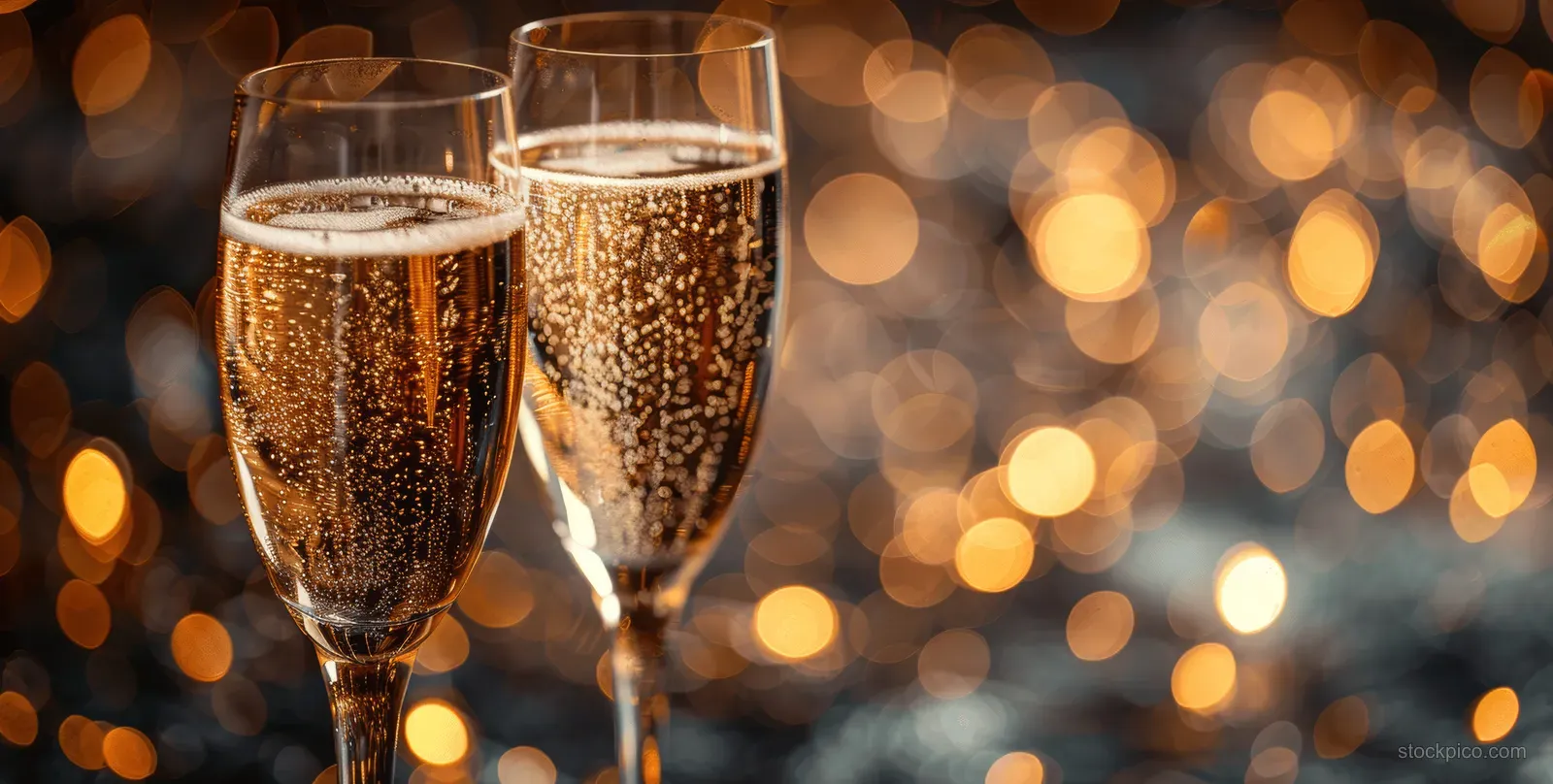 Two champagne flutes sparkle in front of warm golden bokeh lights.