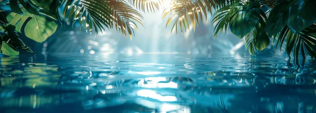 Palm leaf shadows ripple across calm blue water, bright tropical light and empty space