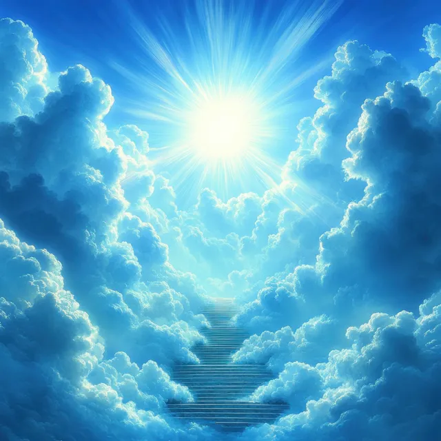 Sun rays shine above an airy cloud staircase rising through a vivid blue sky with glowing clouds.