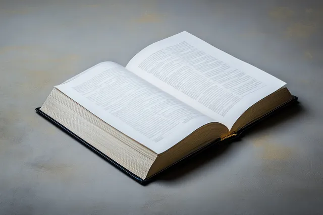Open thick book with visible printed pages on a plain tabletop