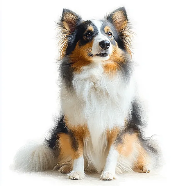 Fluffy tricolor dog sitting calmly on white background with attentive front view