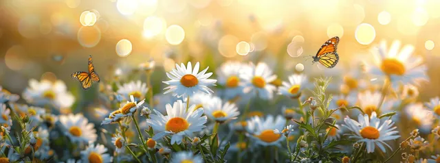 Spring meadow daisies with fluttering butterflies in morning sunlight, macro-like detail