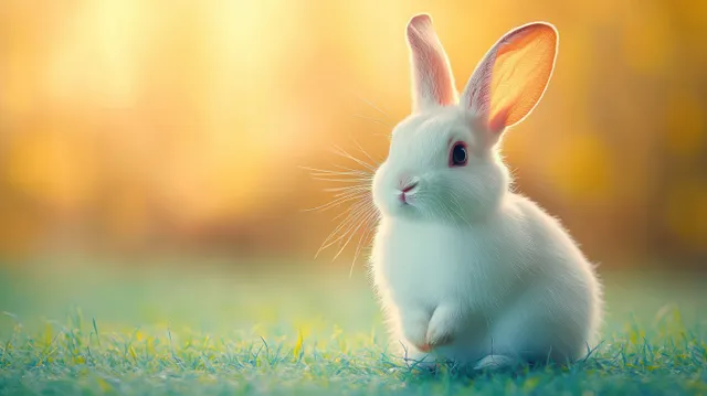 White rabbit sitting on green grass at sunset with warm glowing bokeh background
