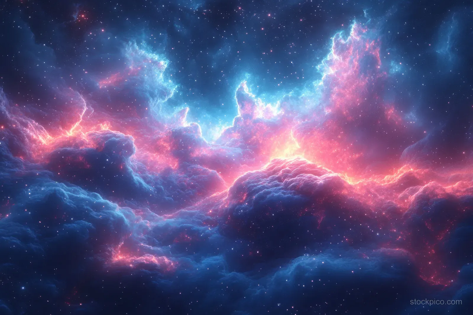 Colorful cosmic nebula clouds glow in deep space with radiating starlight and swirling energy tendrils.