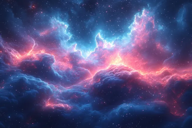 Colorful cosmic nebula clouds glow in deep space with radiating starlight and swirling energy tendrils.