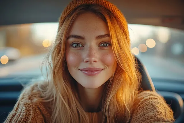 Smiling woman driving a car at dusk, golden light on her face and dashboard glow