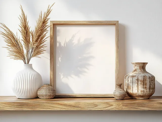 White framed artwork stands on a wooden shelf beside pampas grass, vases, and wicker decor in a bright minimalist room.