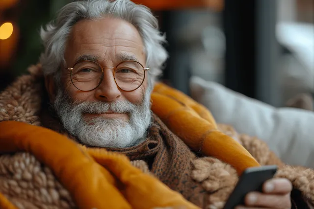 A cheerful mature man relaxes on a home couch, holding a smartphone and looking at the screen.