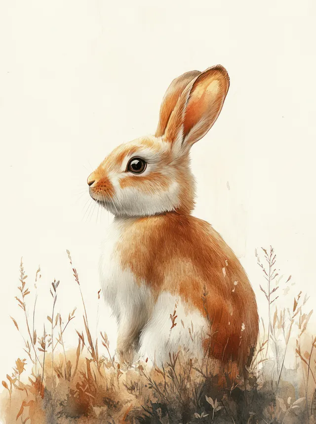 Watercolor bunny sitting in dry grass with long ears and soft pastel splashes
