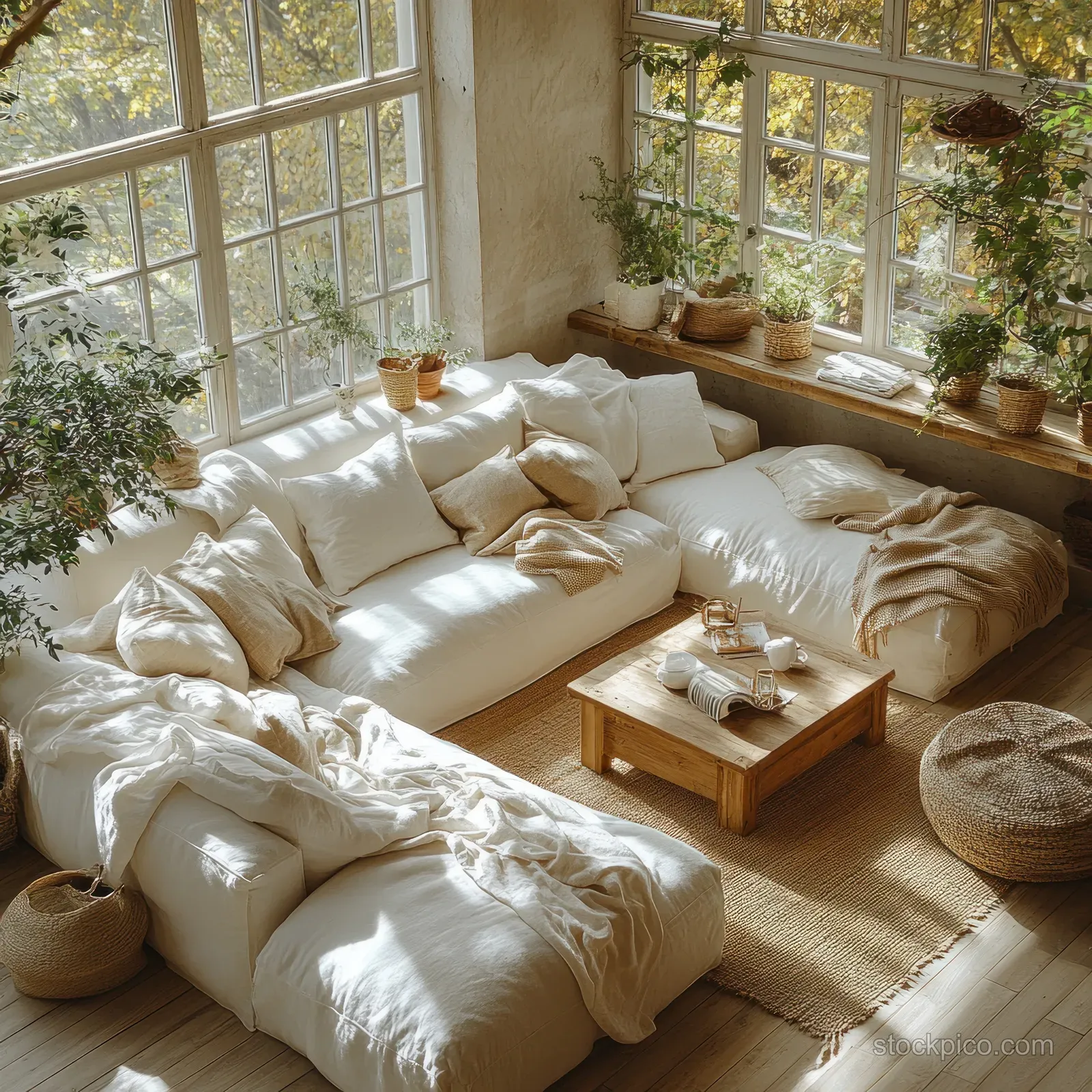Sunlit minimalist living room interior with white cushions, wooden coffee table, and potted plants beside bay windows.