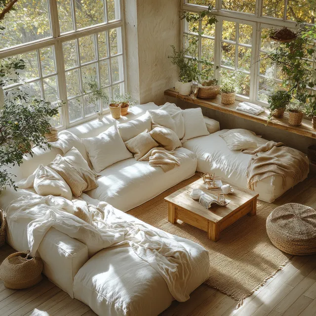 Sunlit minimalist living room interior with neatly arranged sofas and indoor plants near bay windows