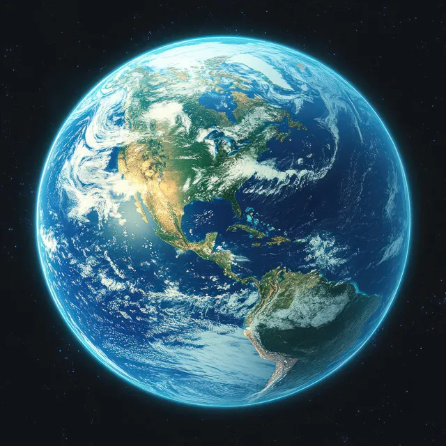 Earth viewed from space with the Americas visible and a glowing twilight atmospheric rim.