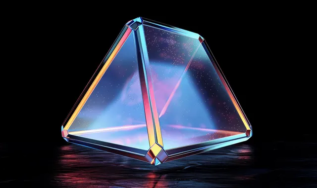 Iridescent holographic crystal pyramid with neon edges reflecting on a dark glossy surface.