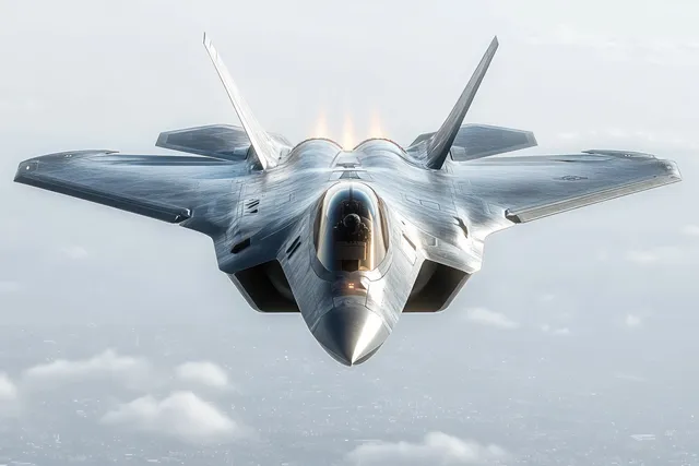 A futuristic fighter jet banks overhead in a clear sky, with glowing contrails streaming behind it.