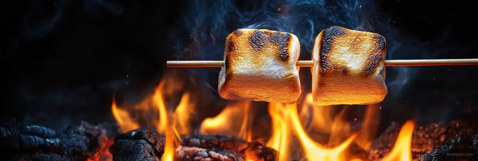 Two golden marshmallows on sticks roast over glowing campfire flames in a dark outdoor setting.