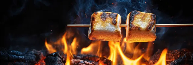 Two golden marshmallows on sticks roast over glowing campfire flames in a dark outdoor setting.