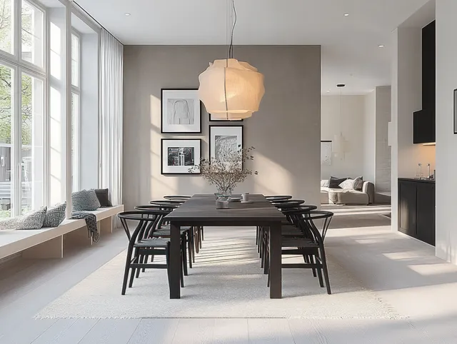 Black dining table with chairs sits in a minimalist room as daylight pours through large windows.