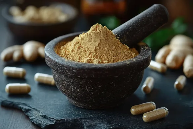 Dark stone mortar with light ginger powder, nearby capsules, and scattered ginger on a slate surface.