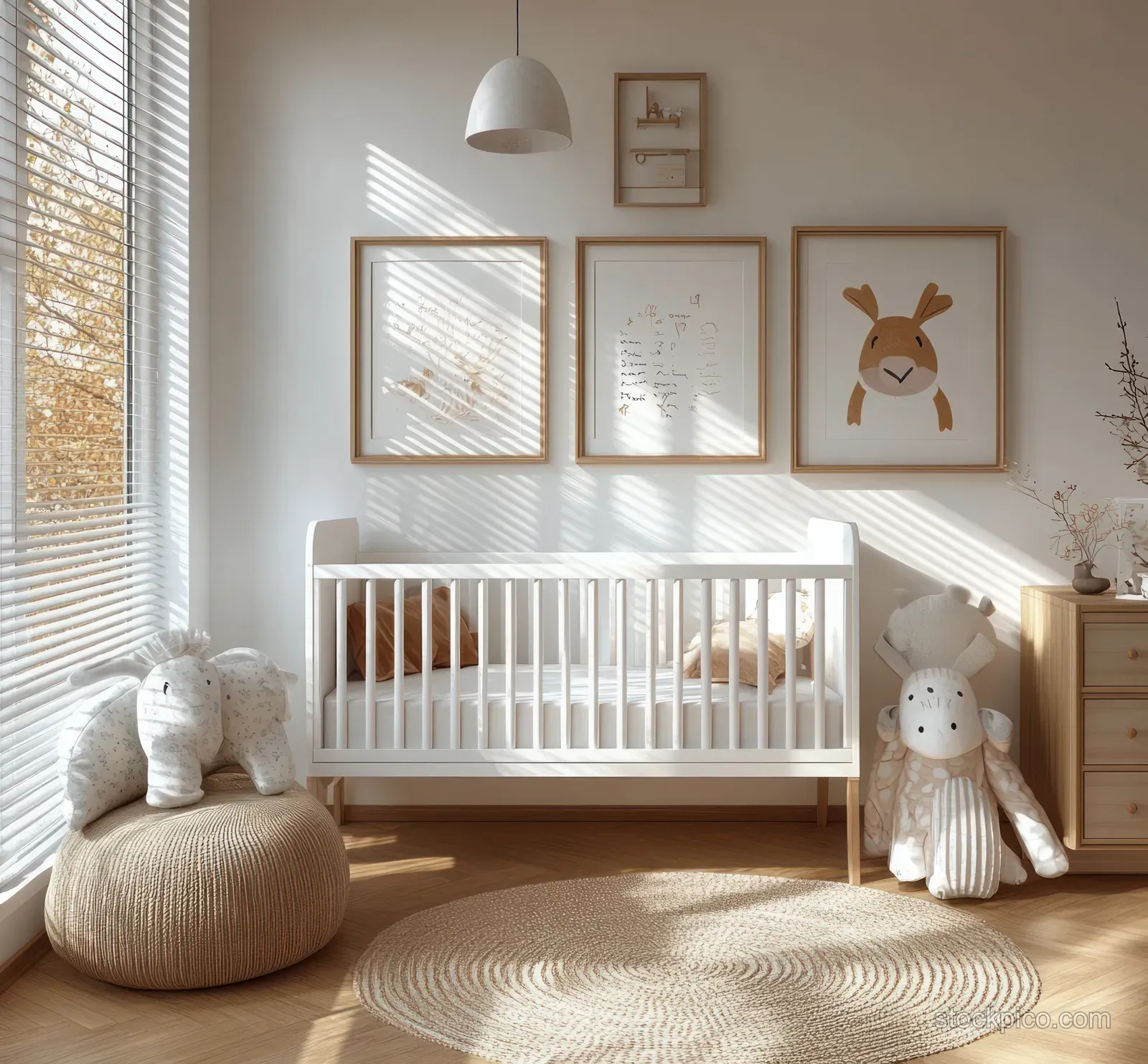 Scandinavian nursery room with a white crib, soft daylight from windows, and animal-themed wall art.