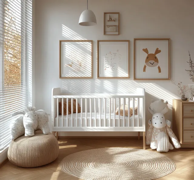 Scandinavian nursery room with a white crib, soft daylight from windows, and animal-themed wall art.