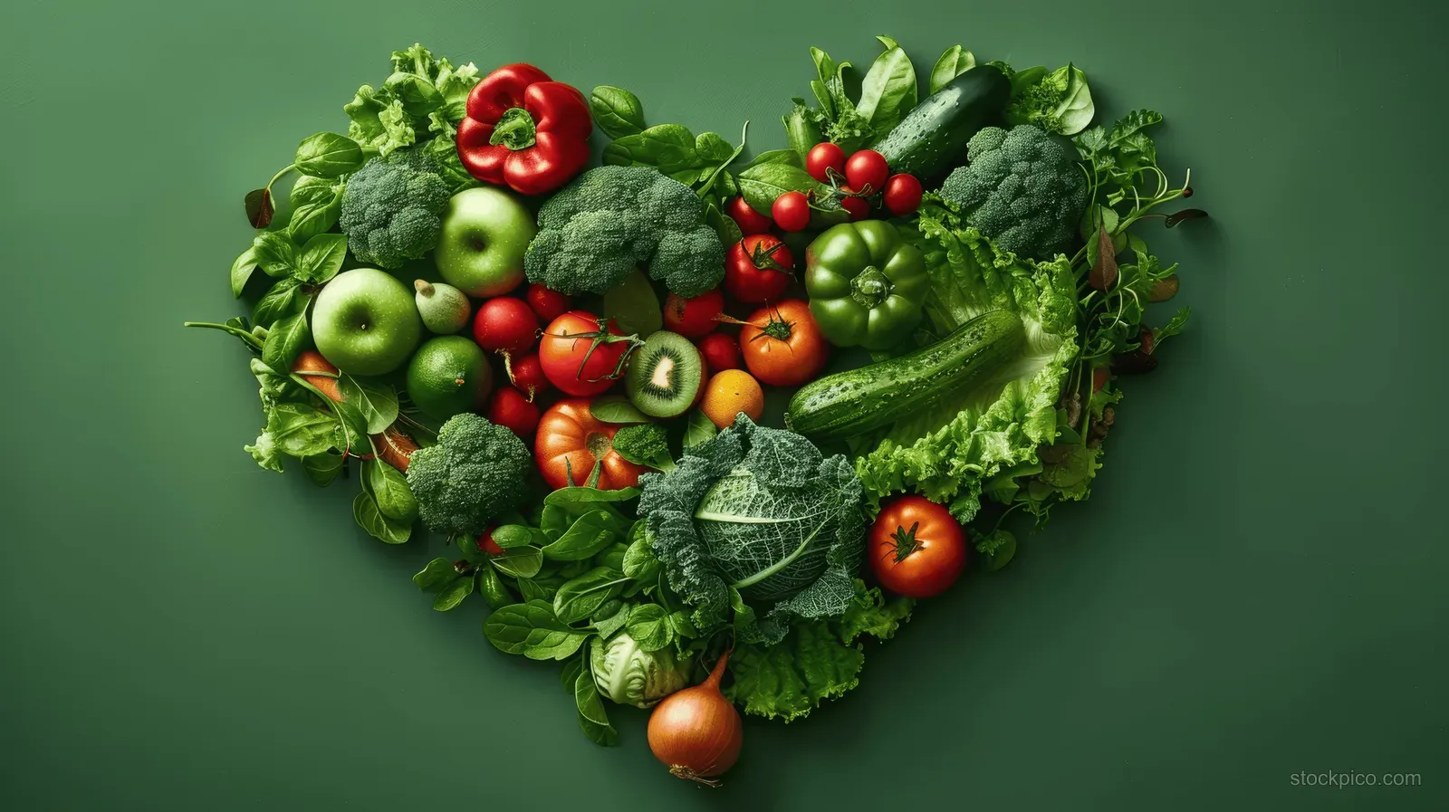 Heart-shaped arrangement of fresh vegetables and fruits placed on a solid green background.