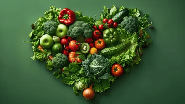 Heart-shaped arrangement of fresh vegetables and fruits placed on a solid green background.