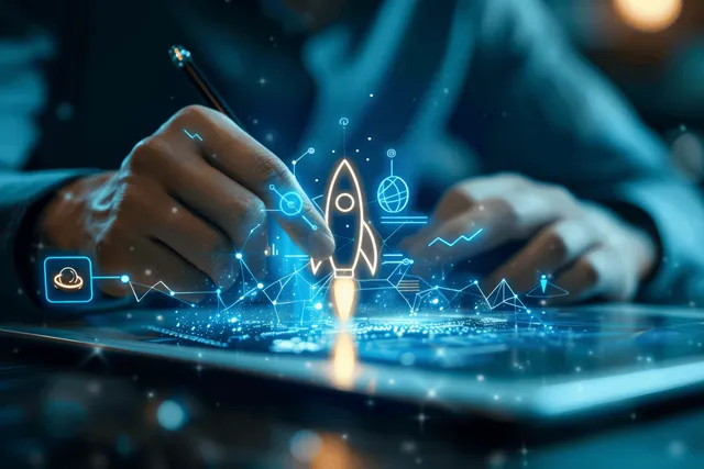 A hand writes on a tablet with a glowing rocket and network nodes overlaying a dark tech desk.