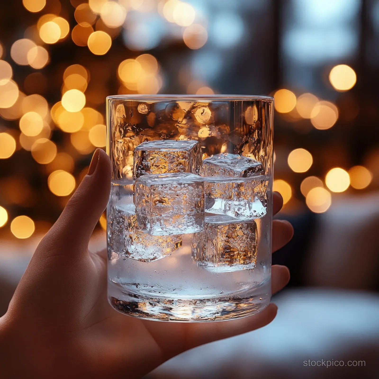 A hand holds a clear glass filled with ice cubes in front of warm festive bokeh lights.
