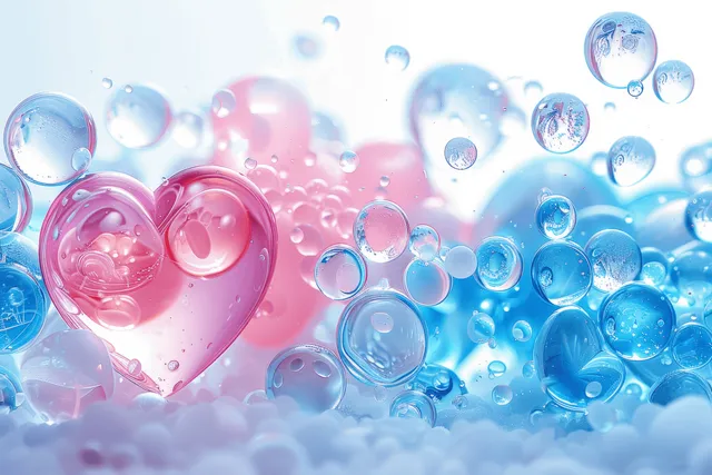 A pink and blue translucent bubble heart floats amid small sparkling bubbles on a soft cloudy background.