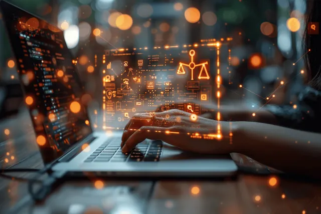 Hands typing on laptop with glowing AI law icons overlay