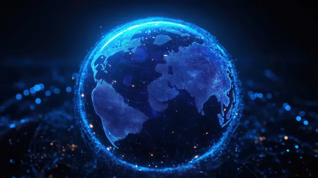 A glowing blue 3D globe with illuminated continents and surrounding data points in a dark technology background.