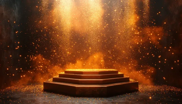 Golden confetti showers over an empty award podium under a spotlight