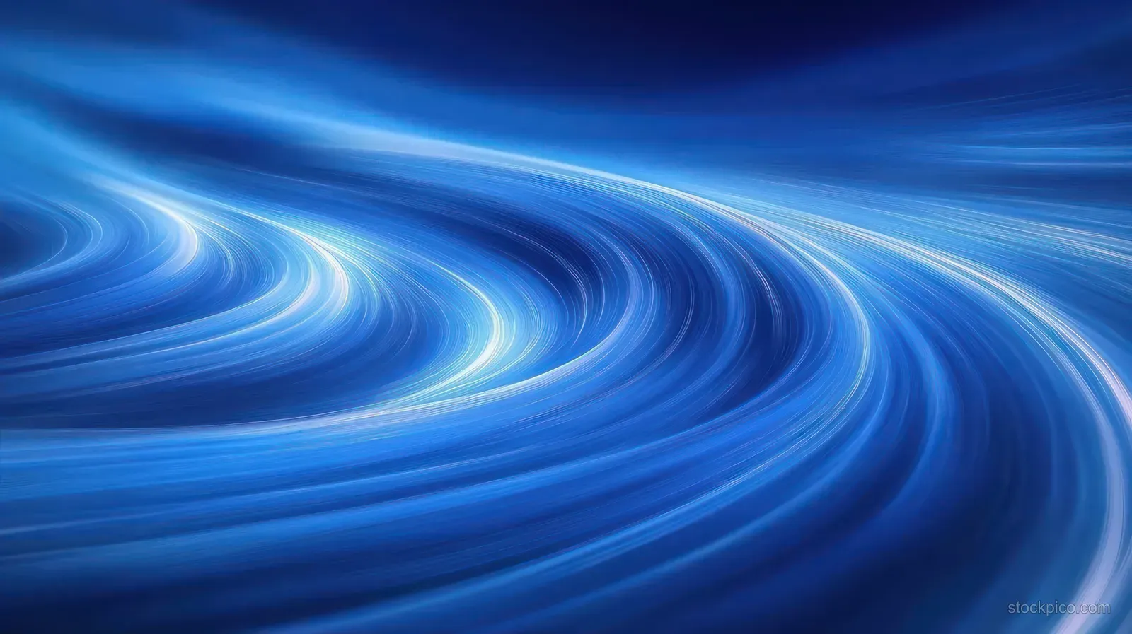 Abstract blue wave swirls stretch across the frame with smooth light reflections and curved streaks.