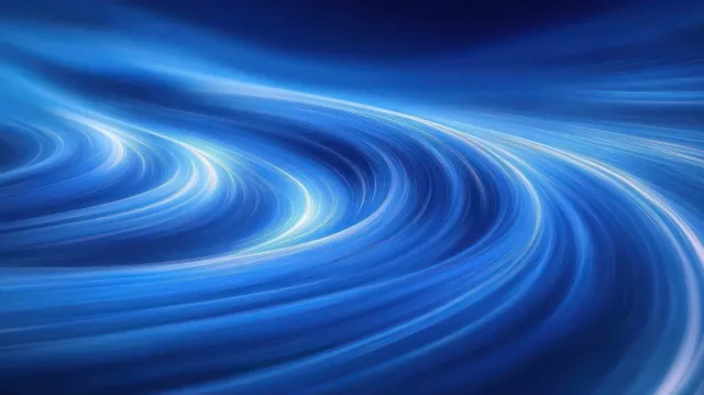 Abstract blue wave swirls stretch across the frame with smooth light reflections and curved streaks.